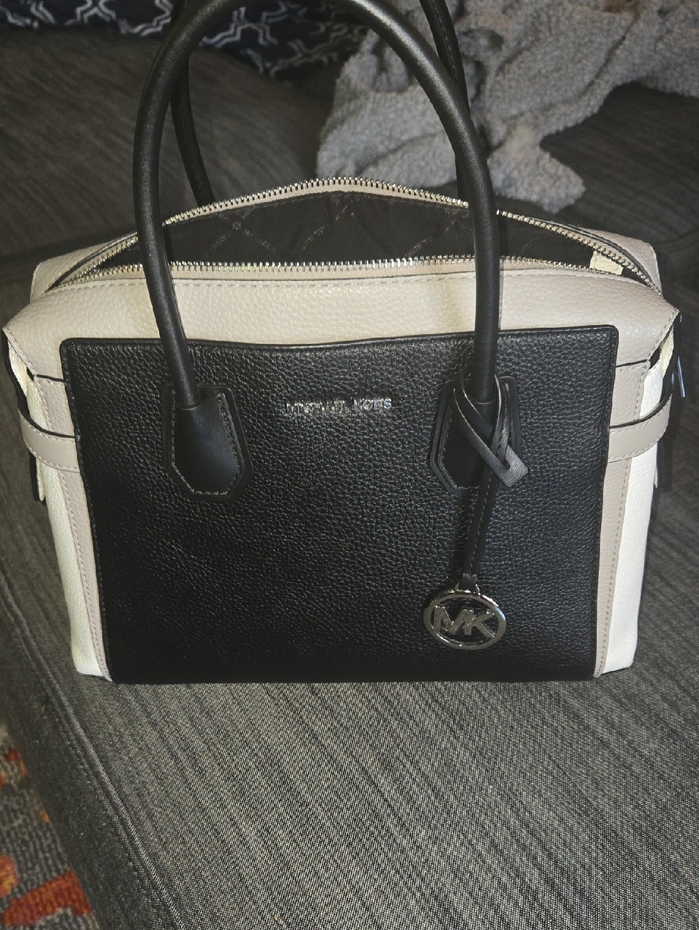 Michael Kors Black and Cream Pebbled Leather Satchel with MK Charm